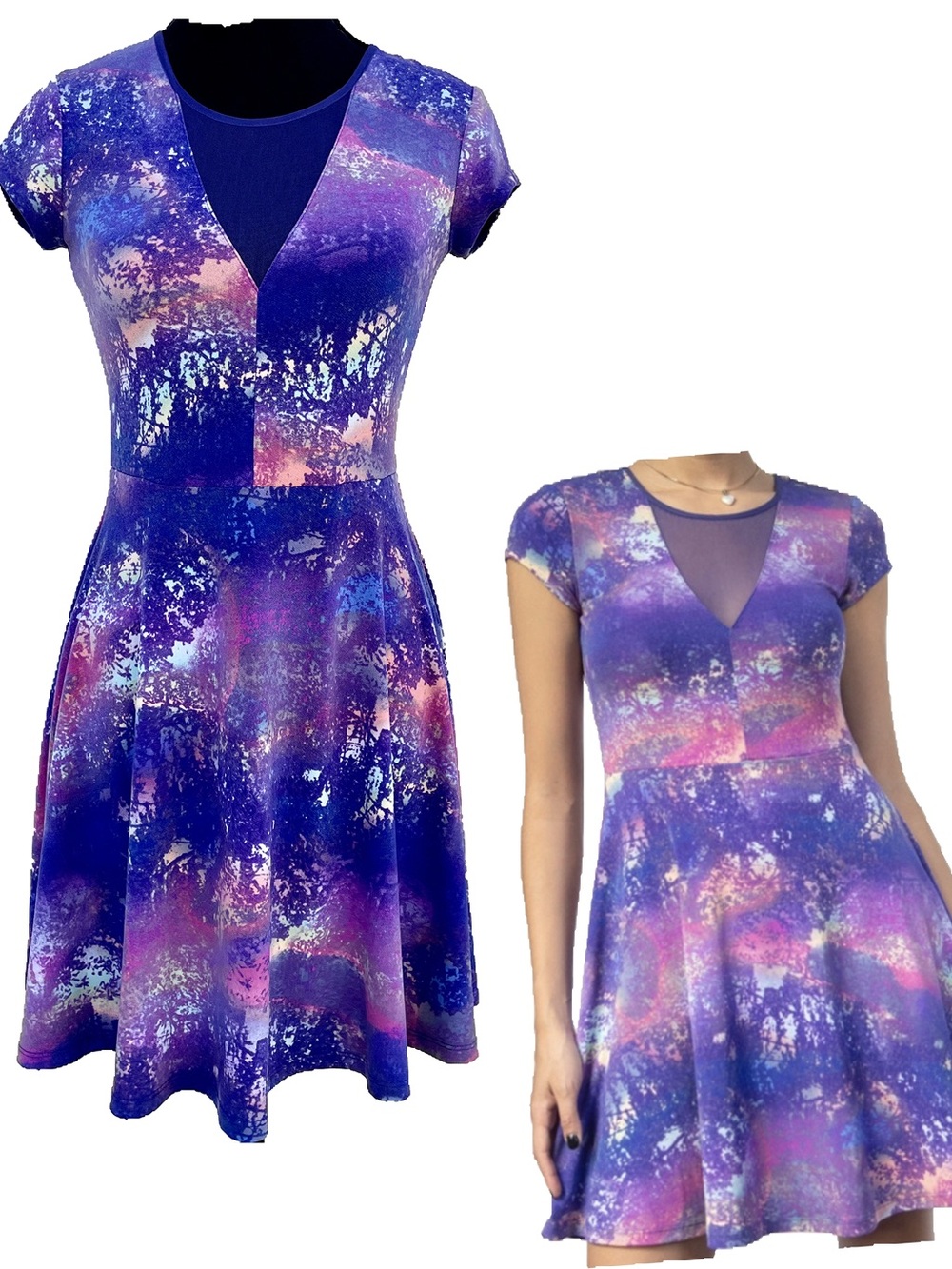 Kimchi Blue UO Skater Flare Dress SzS Purple Galaxy Mesh Inset Barbie Pink Fairy